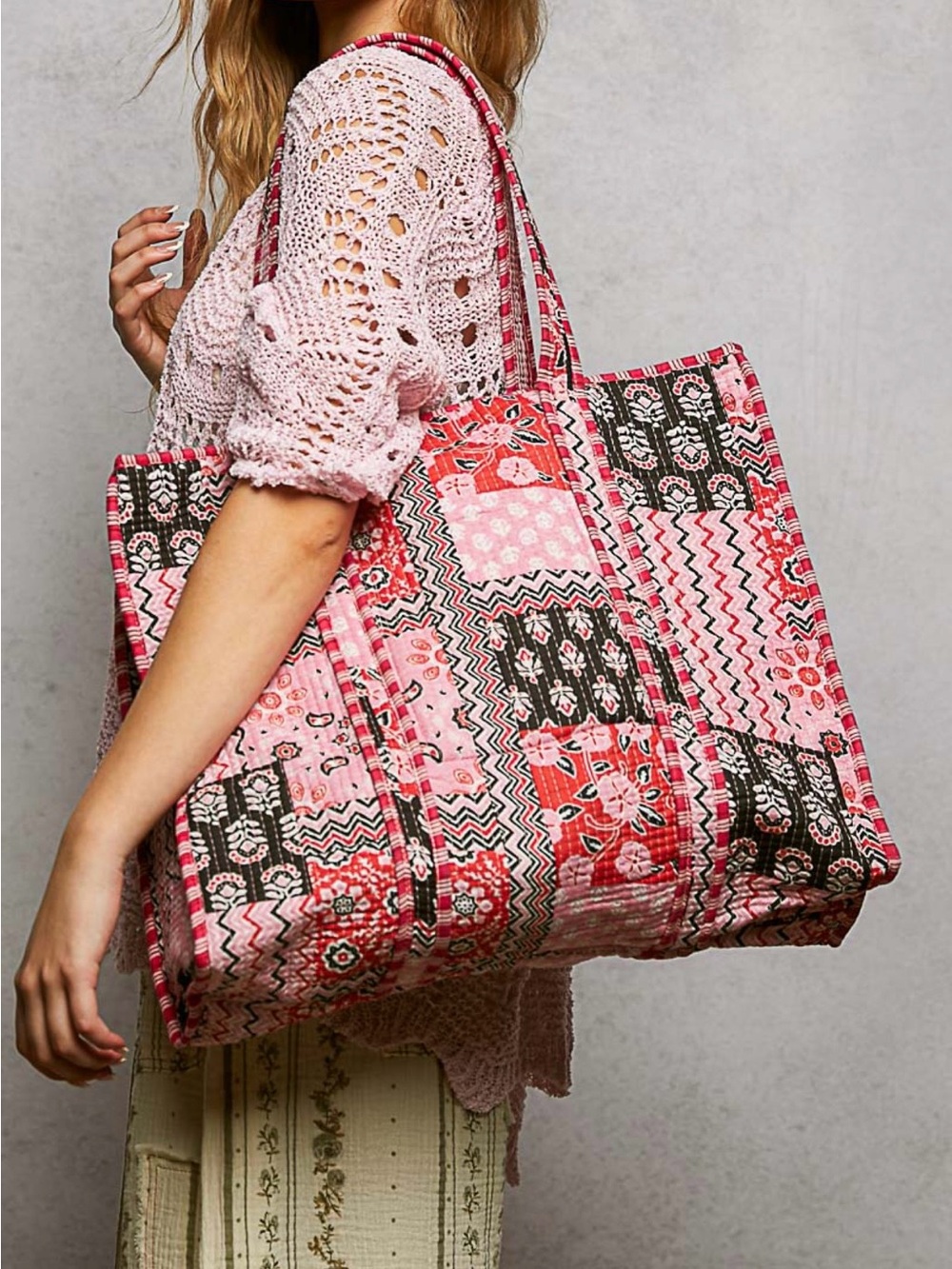 POL Pink Patchwork Quilted Tote Bag